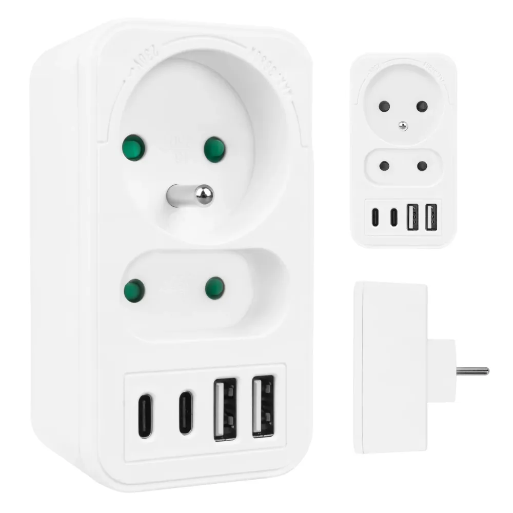 Maclean strömuttag x2 + 4xUSB, splitter med 2 uttag, 2xUSB , 2xUSB C PD 20W, 1x16A + 1x6A, MCE249 F/W