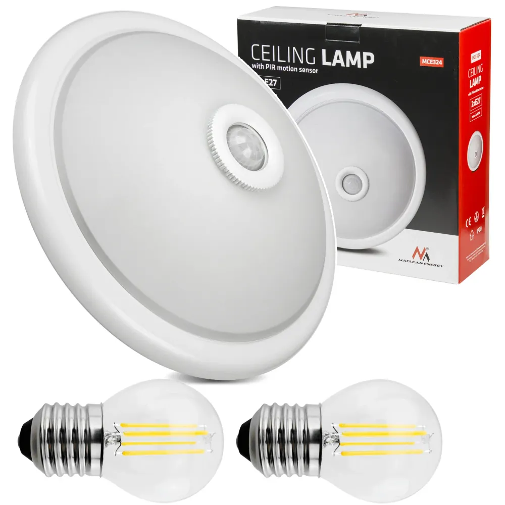 Plafond med PIR-sensor Maclean, tak, med LED-ljuskälla, 2x max. 40W, E27, 220-240V~ 50/60Hz, MCE324 + 2xMCE283