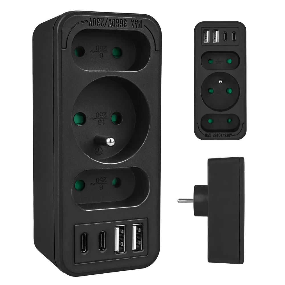 Strömuttag x3 + 4xUSB Maclean, 3-facks splitter, 2xUSB , 2xUSB C PD 20W, 1x16A + 2x6A, MCE248 F/B