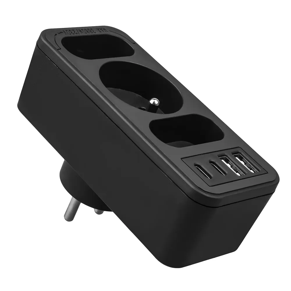 Strömuttag x3 + 4xUSB Maclean, 3-facks splitter, 2xUSB , 2xUSB C PD 20W, 1x16A + 2x6A, MCE248 F/B