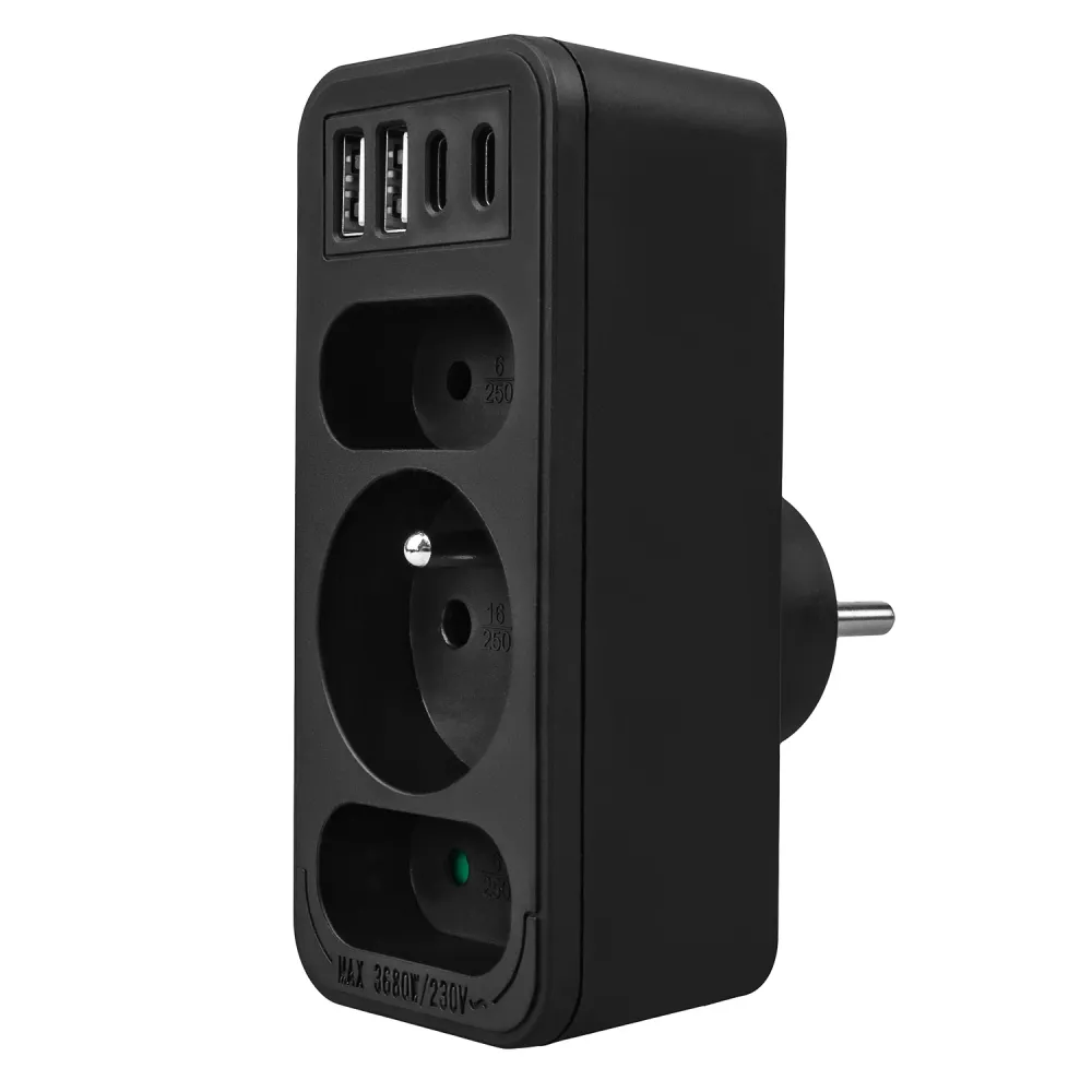 Strömuttag x3 + 4xUSB Maclean, 3-facks splitter, 2xUSB , 2xUSB C PD 20W, 1x16A + 2x6A, MCE248 F/B