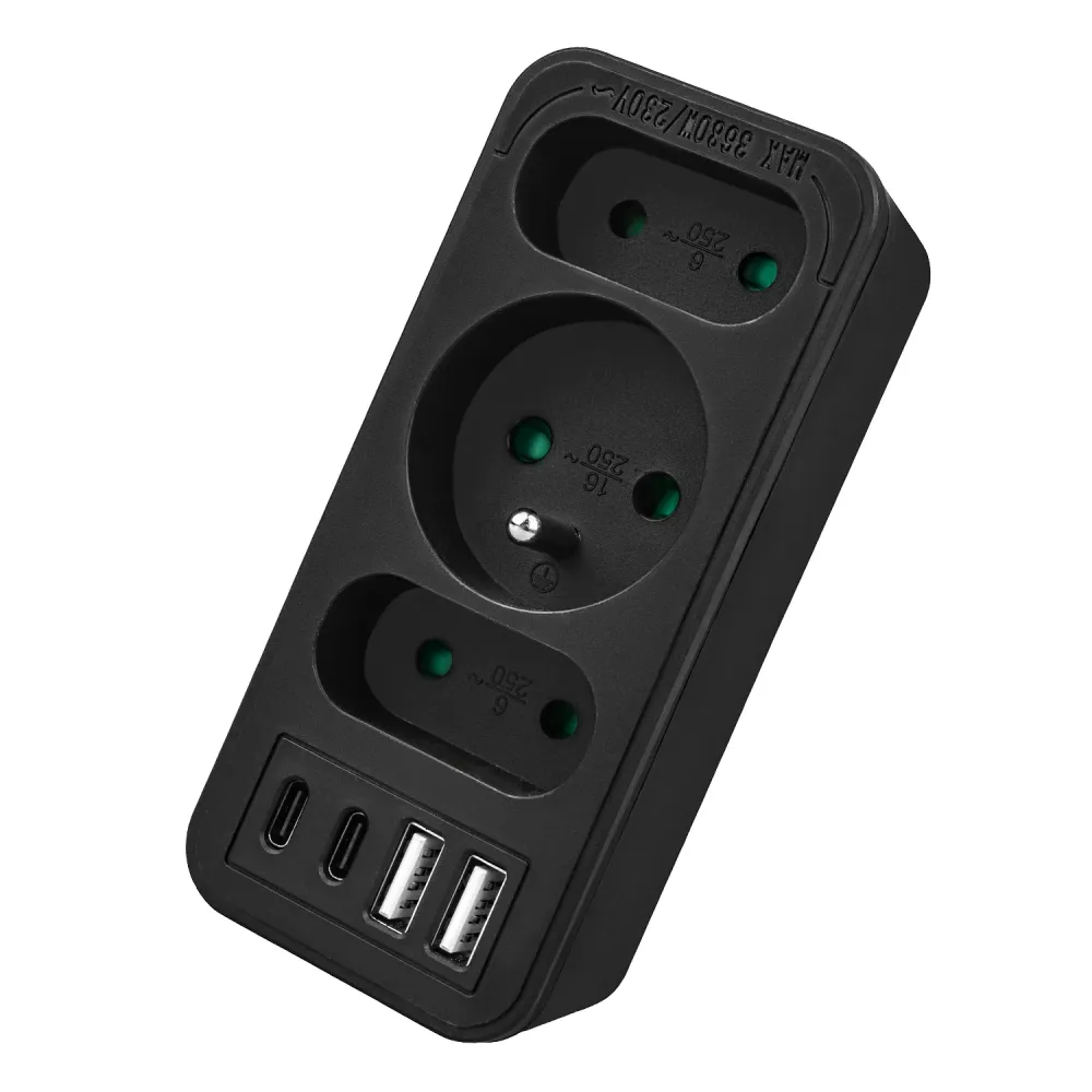 Strömuttag x3 + 4xUSB Maclean, 3-facks splitter, 2xUSB , 2xUSB C PD 20W, 1x16A + 2x6A, MCE248 F/B