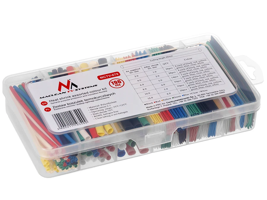 Ordna med Maclean krympslangar, 7 färger, längd 95mm, bredd, 2mm, 4mm, 6mm, 8mm, 10mm, 12mm, 196 st, MCTV-679