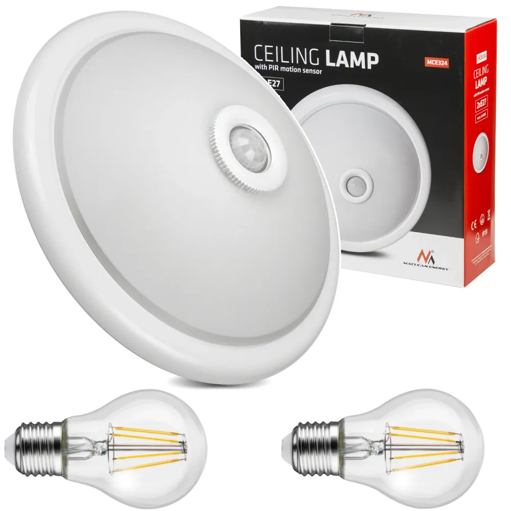 Plafond med PIR-sensor Maclean, tak, med LED-ljuskälla, 2x max. 40W, E27, 220-240V~ 50/60Hz, MCE324 + 2xMCE266
