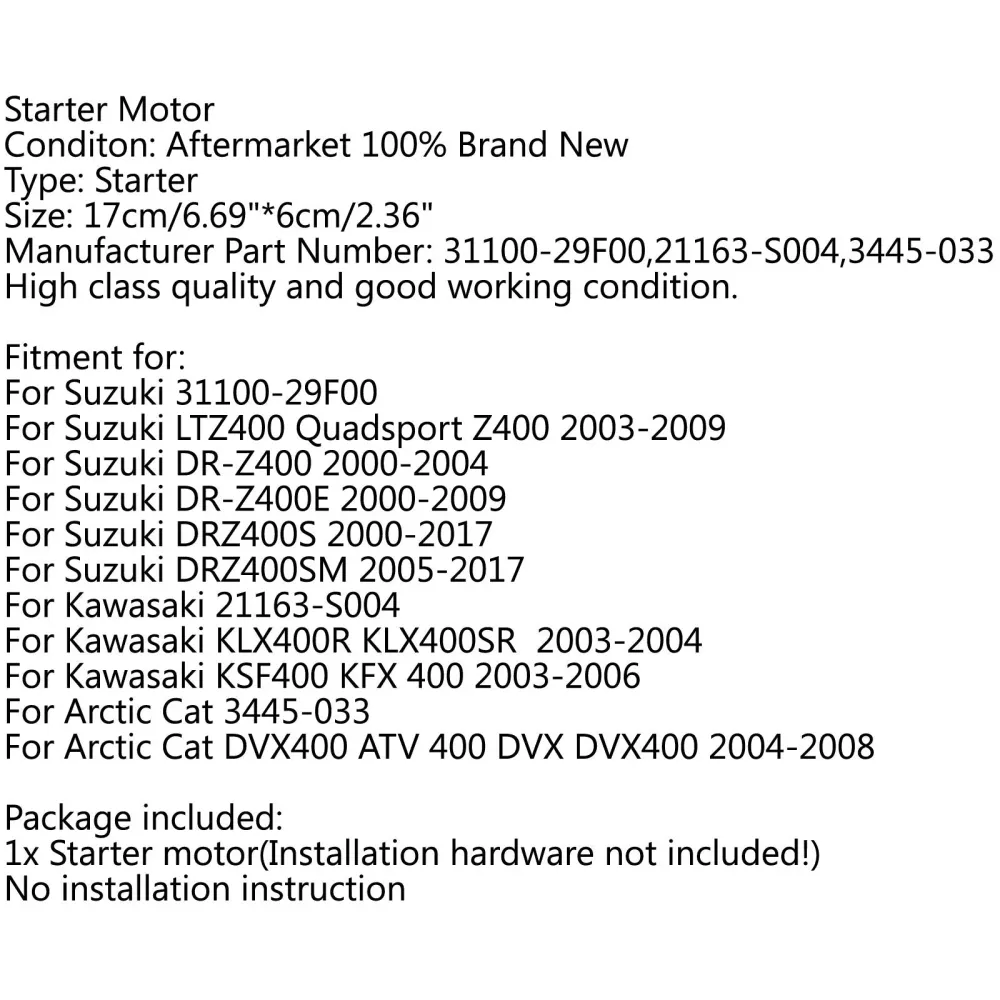 2003-2009 Suzuki LTZ400 Quadsport Z400 398cc STARTmotor Motor Startande 9-Spline 31100-29F00