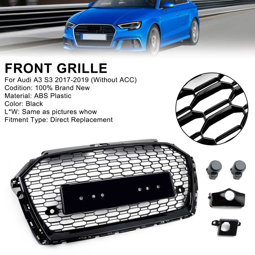 2017 2018 2019 Audi A3 8V RS3 Style Honeycomb Mesh Front Bumper Grille Black