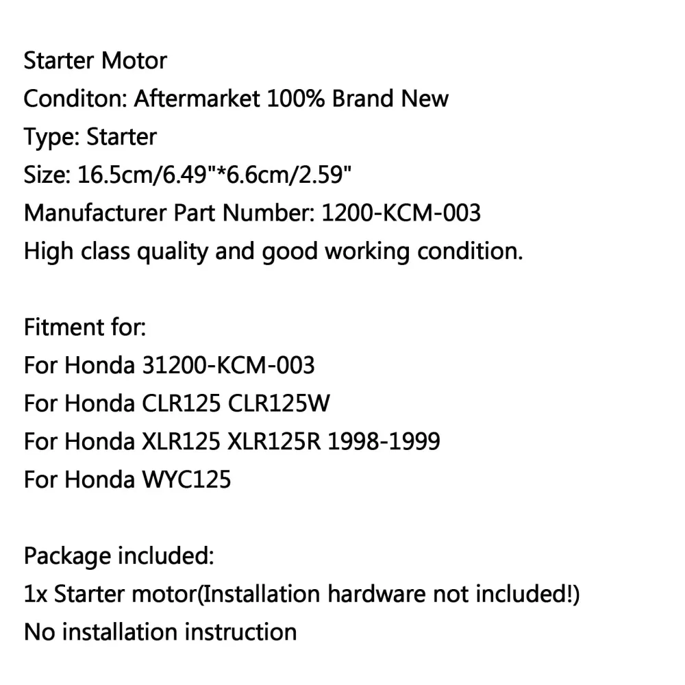 Motorstarter för Honda CLR125 CLR125W XLR125 XLR125R 1998-1999 WYC125 Generic