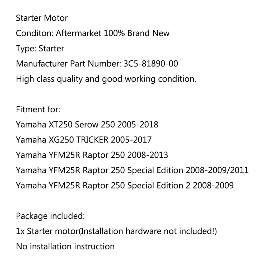 Motorstarter för Yamaha YFM25R Raptor 250 2008-2013 Special Edition 2 2008-2009 Generic