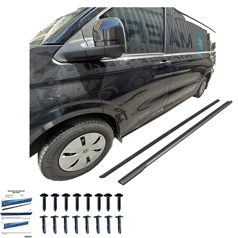 OneWay, Sideskørter, Glanssort, Passer til Volkswagen Transporter T7 & Ford Transit Custom - 4 dele