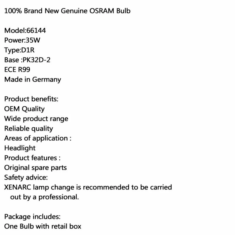 Strålkastarlampa Xenon 66144 Glödlampa OSRAM 4300K Ny OEM Xenarc Original HID D1S