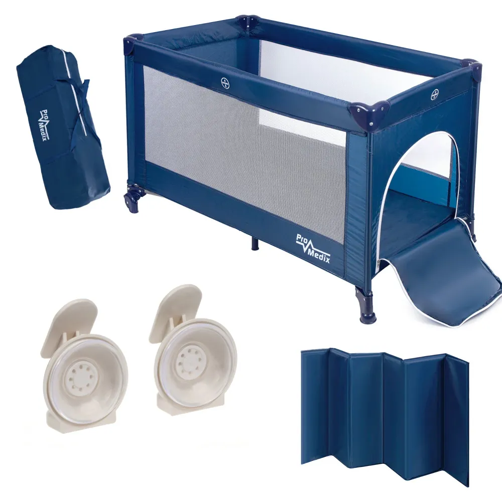 Resesäng Promedix,125x65x74cm, navy, hjul, skyddshölje, PR-803B + Skjutdörrslås 2st GB116