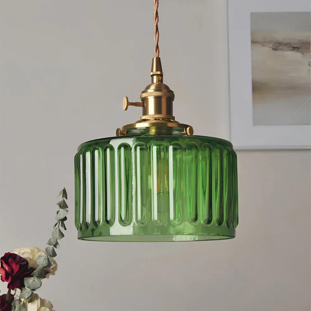 GlamourGlass Pendellampa - Old-style Grön Hänglampa - Cylindrisk Lampa Gron