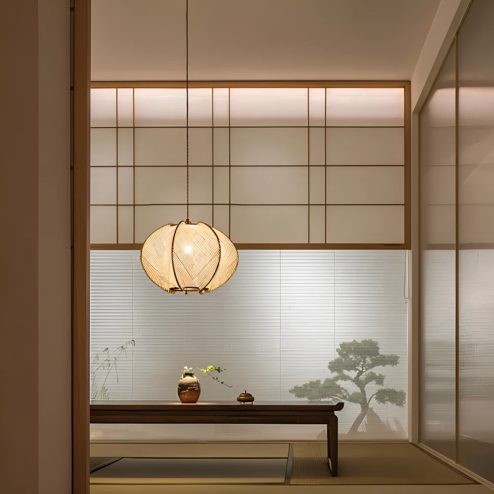 Kirei Pendellampa - Geometrisk Hänglampa av Hampasnöre och Trä - Wabi Sabi Belysning