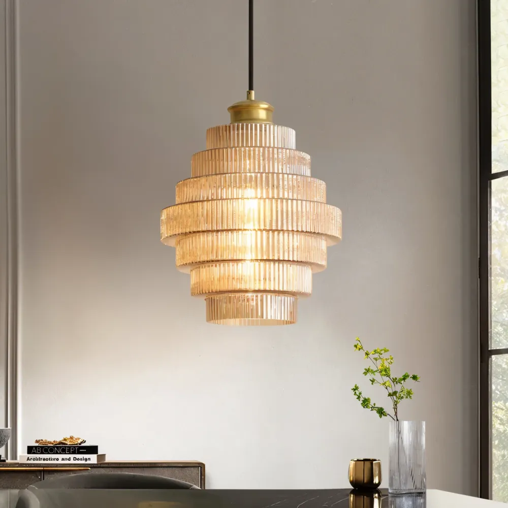 Stunlier Pendellampa - Gammaldags Glas och Messing Hänglampa - Lagerkronlampa för Vardagsrum
