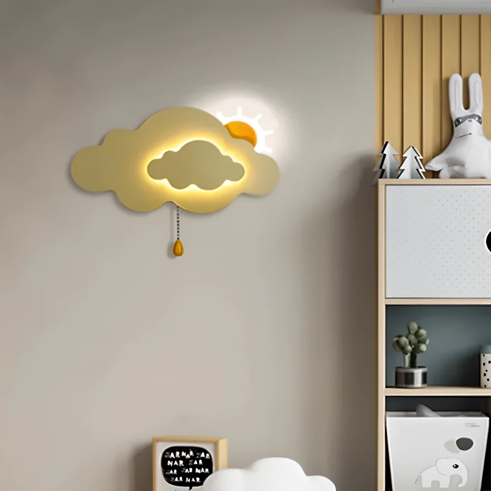 DreamyFloat Vägglampa - Livliga moln och sol LED vägglampa - Barnrumsbelysning Vit