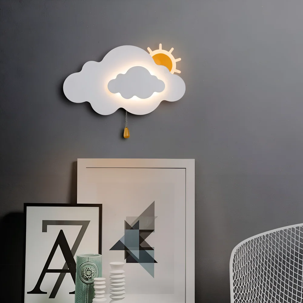 DreamyFloat Vägglampa - Livliga moln och sol LED vägglampa - Barnrumsbelysning Vit
