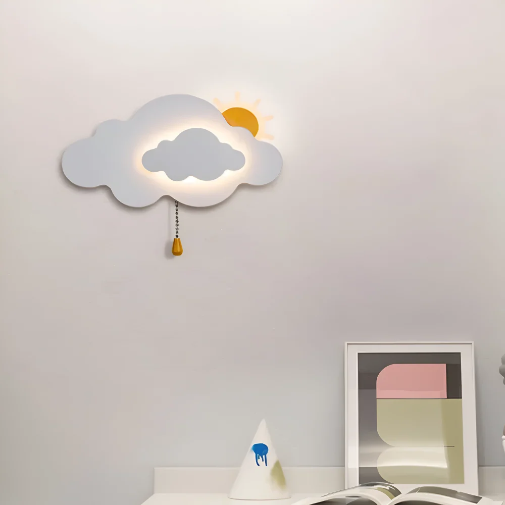 DreamyFloat Vägglampa - Livliga moln och sol LED vägglampa - Barnrumsbelysning Vit