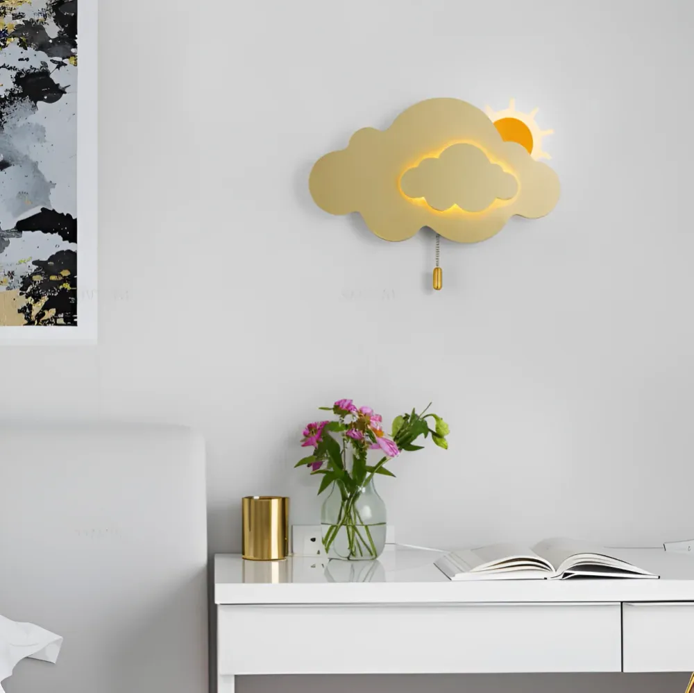 DreamyFloat Vägglampa - Livliga moln och sol LED vägglampa - Barnrumsbelysning Vit