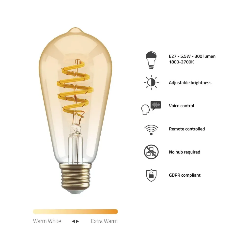Connected lampa, WiFi, Hombli Smart Bulb Amber ST64, E27, LED, CCT, 5,5W, Dimbar, Retro Filament, med retrofilament