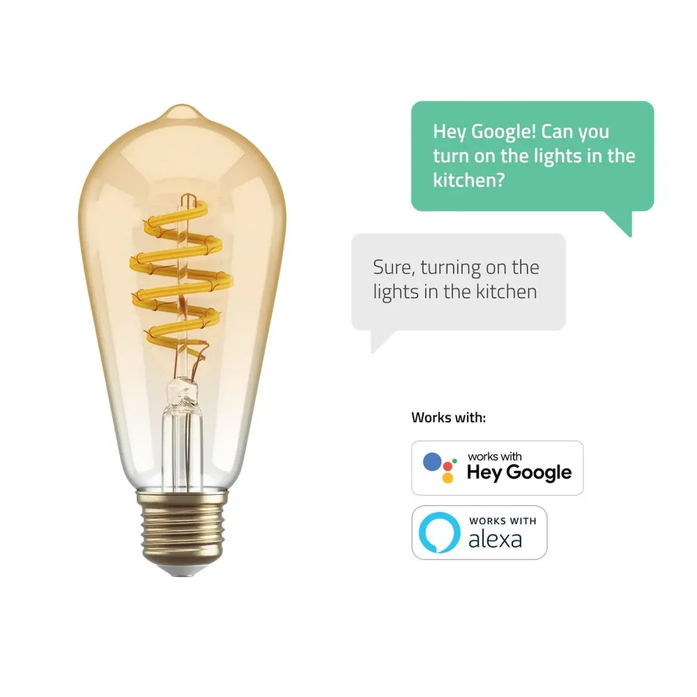Connected lampa, WiFi, Hombli Smart Bulb Amber ST64, E27, LED, CCT, 5,5W, Dimbar, Retro Filament, med retrofilament