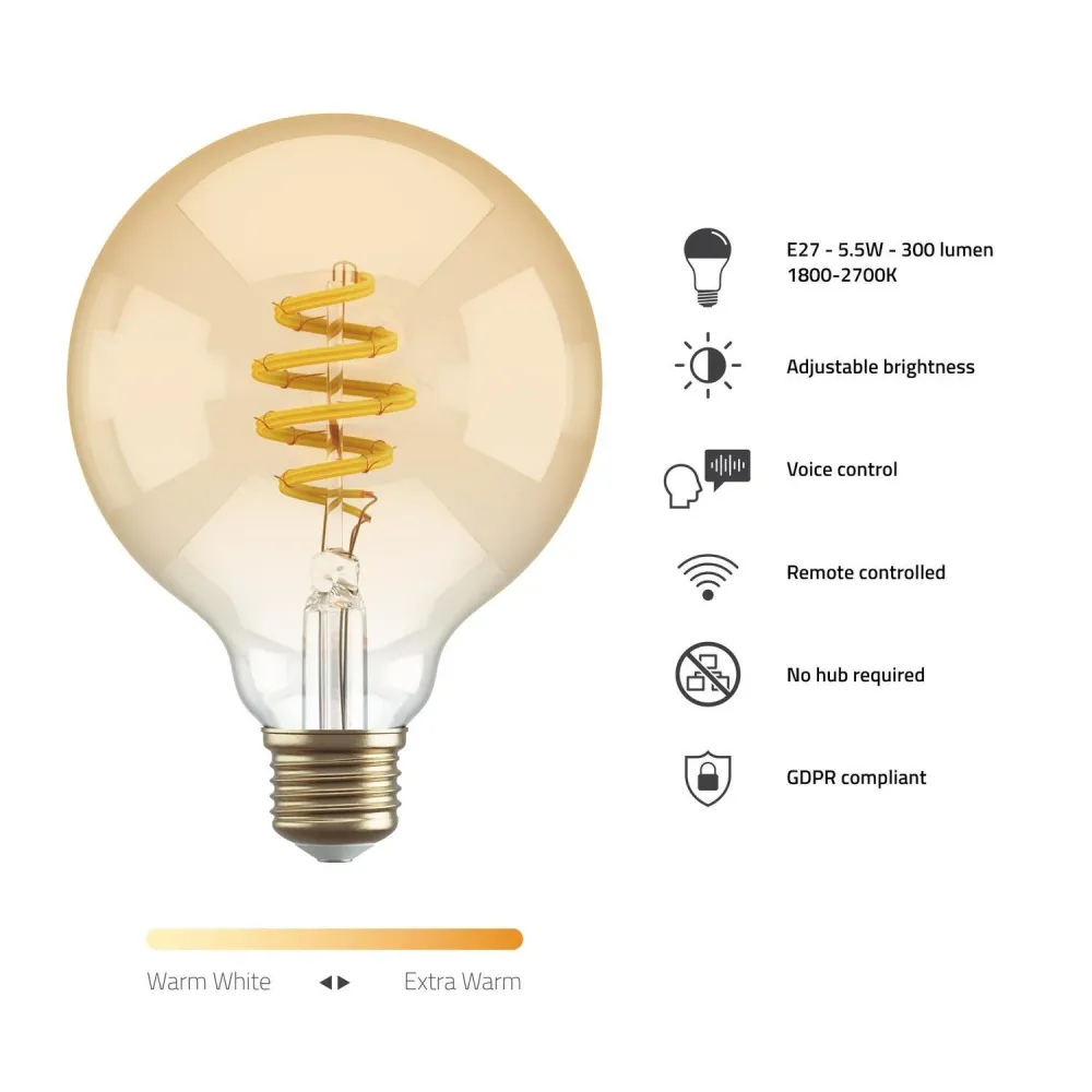 Connected lampa, WiFi, Hombli Smart Bulb Amber G95, E27, LED, CCT, 5,5W, Dimbar, Retro Filament, med retrofilament