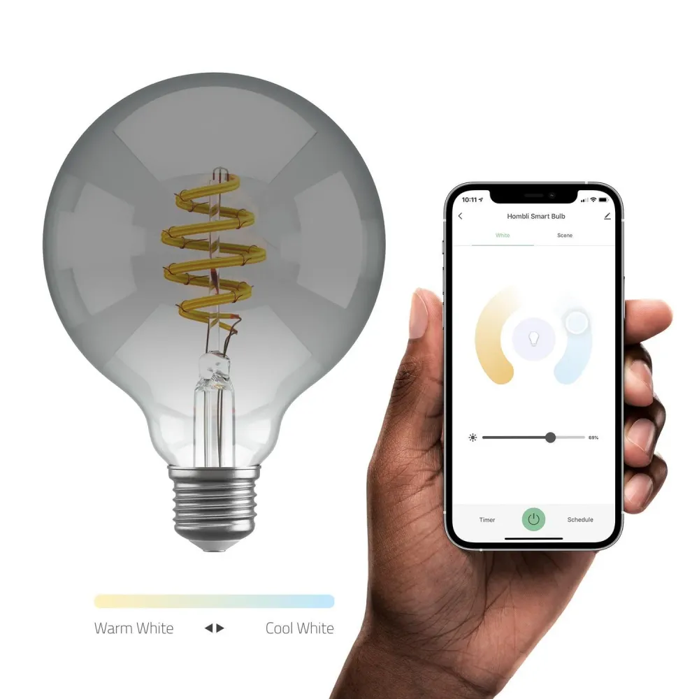Smart lampa, WiFi, Hombli Connected Bulb Smokey G95, E27, LED, CCT, 5,5W, Dimbar, Retro Filament, med retrofilament