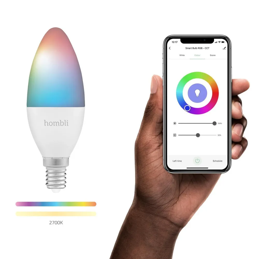 Wi-fi lampa, WiFi, Hombli Smart Bulb E14, LED, RGB & CCT, 4,5W, Dimbar, Multifärg
