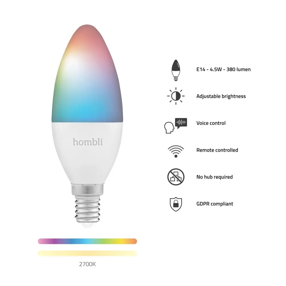 Wi-fi lampa, WiFi, Hombli Smart Bulb E14, LED, RGB & CCT, 4,5W, Dimbar, Multifärg 2/fp