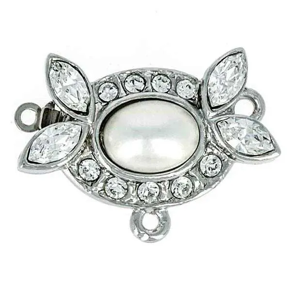 Claspgarten instickslås - Oval med swarovskikristaller och pärla silverfärgad 22x15, 1 styck