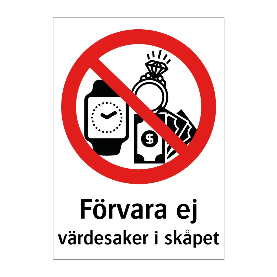 Lämna inga värdesaker i skåpet 148x210mm