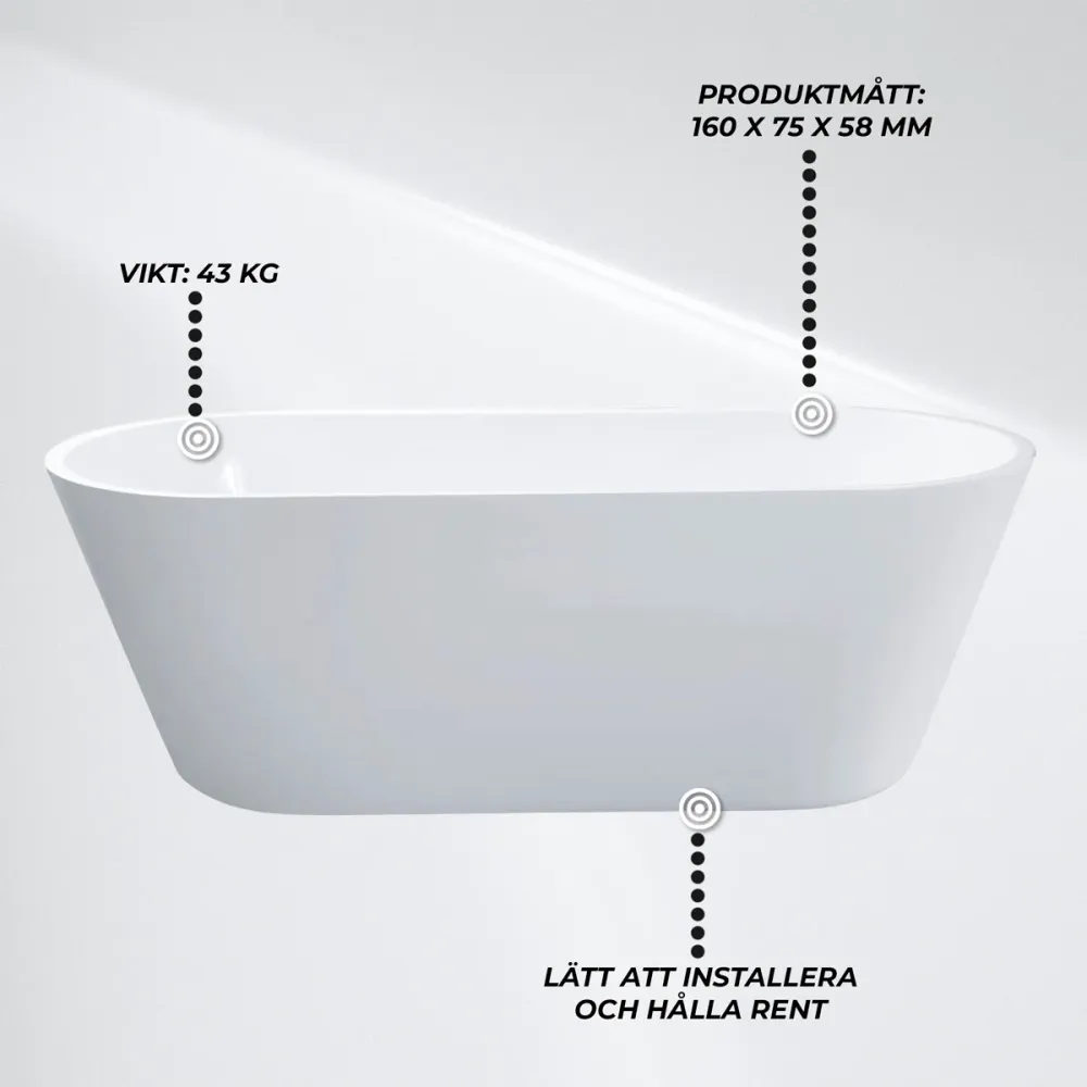 Lykke Badkar Polar Överdådig 1600x750x580mm, vit
